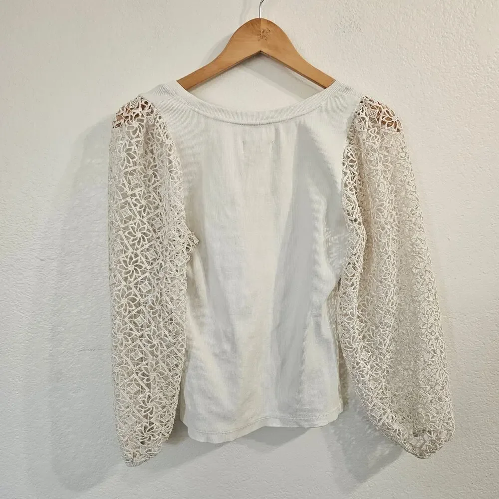 MAEVE ANTHROPOLOGIE Lace-Sleeve Top in White Size Petite Small